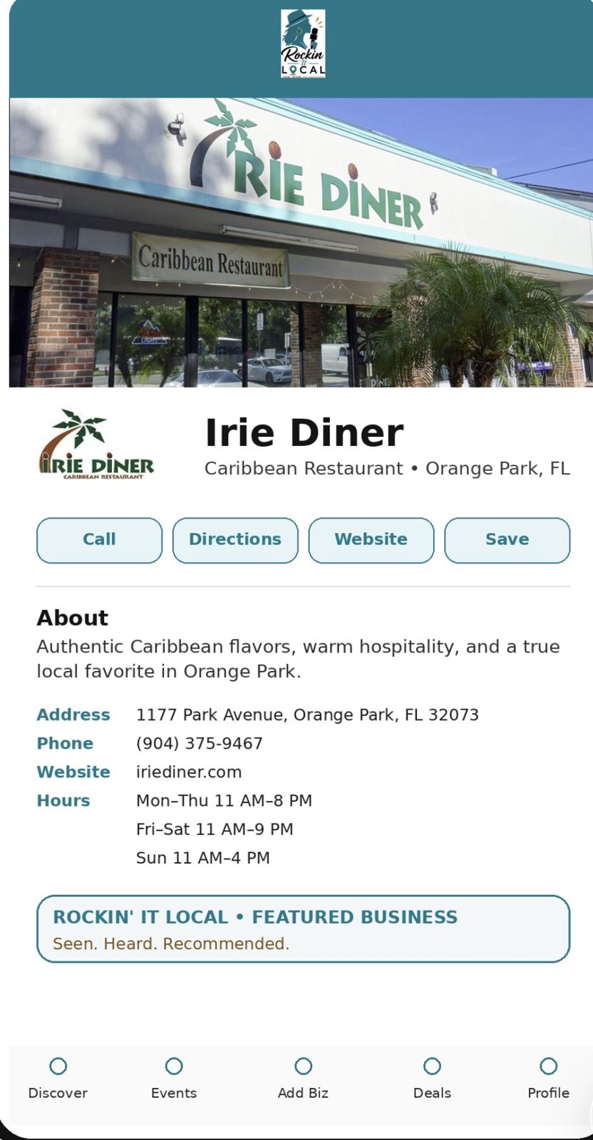 Rockin' It Local app business profile screen